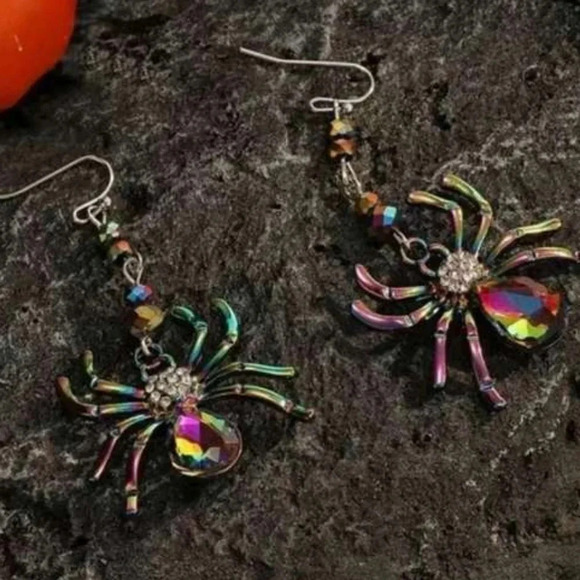 Iridescent Rhinestone Spider Dangle Earrings - Picture 2 of 7